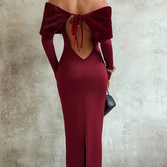 Burgundy Party Women's Luxury Faux Fur Collar Bodycon Backless Slit Dress - Picture 3 of 6